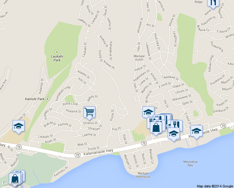 map of restaurants, bars, coffee shops, grocery stores, and more near 5362 Poola Street in Honolulu