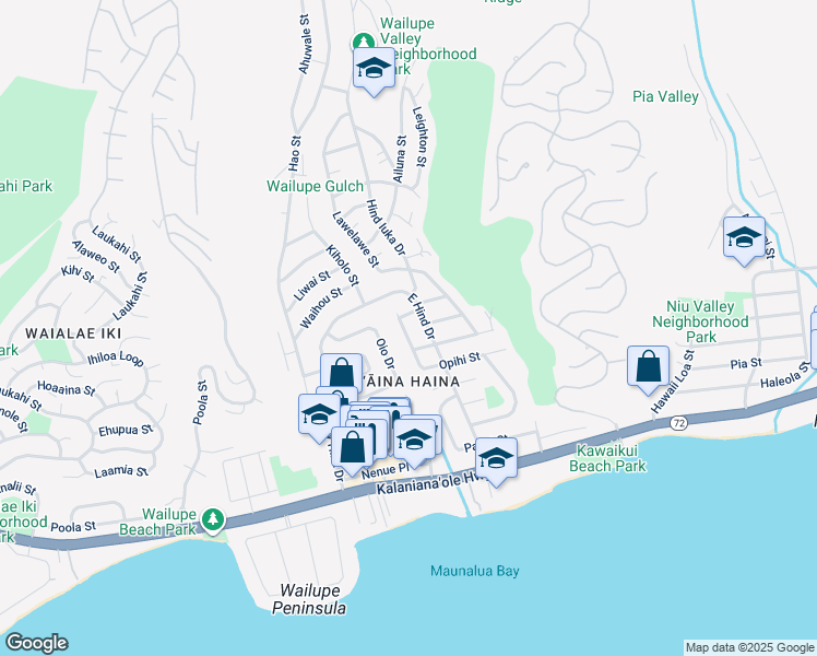 map of restaurants, bars, coffee shops, grocery stores, and more near 348 East Hind Drive in Honolulu