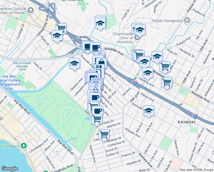 map of restaurants, bars, coffee shops, grocery stores, and more near 3171 Charles Street in Honolulu