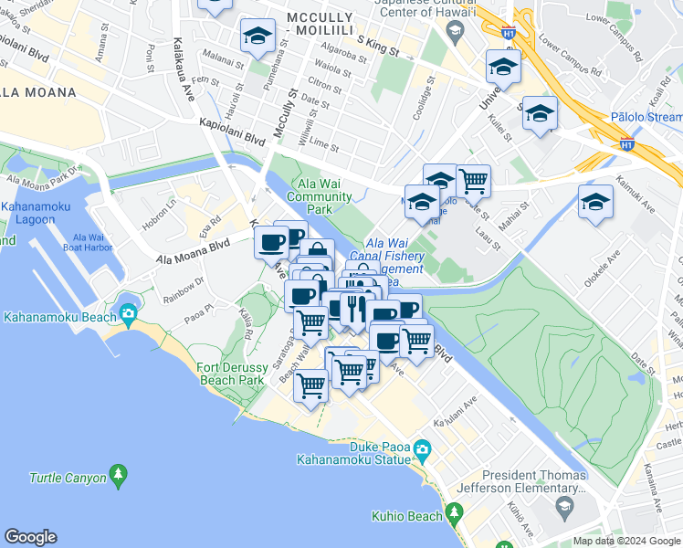 map of restaurants, bars, coffee shops, grocery stores, and more near 2121 Ala Wai Boulevard in Honolulu