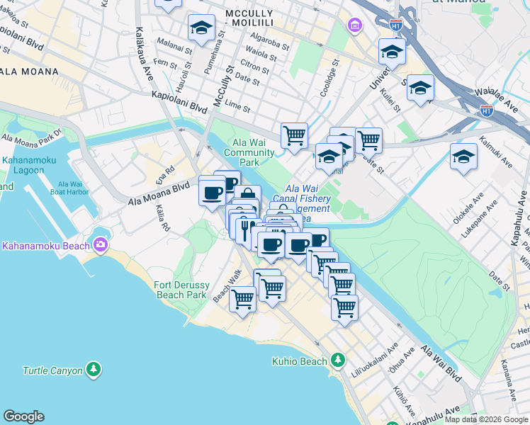 map of restaurants, bars, coffee shops, grocery stores, and more near 2121 Ala Wai Boulevard in Honolulu