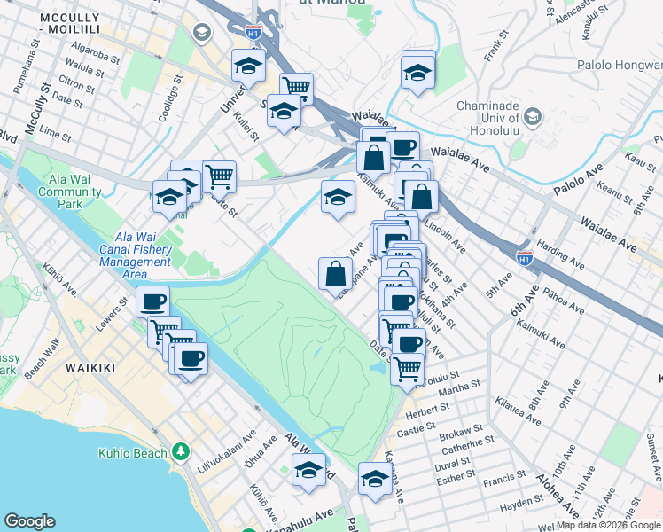 map of restaurants, bars, coffee shops, grocery stores, and more near 742 Olokele Avenue in Honolulu