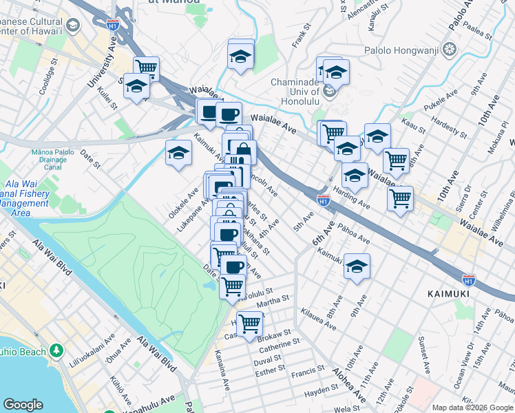 map of restaurants, bars, coffee shops, grocery stores, and more near 3171 Charles Street in Honolulu