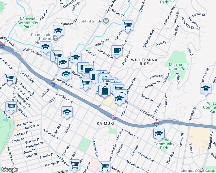 map of restaurants, bars, coffee shops, grocery stores, and more near 3324 Sierra Drive in Honolulu