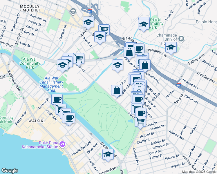 map of restaurants, bars, coffee shops, grocery stores, and more near 724D Olokele Avenue in Honolulu