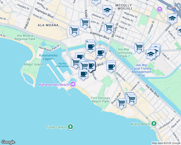map of restaurants, bars, coffee shops, grocery stores, and more near 2019 Kalia Road in Honolulu