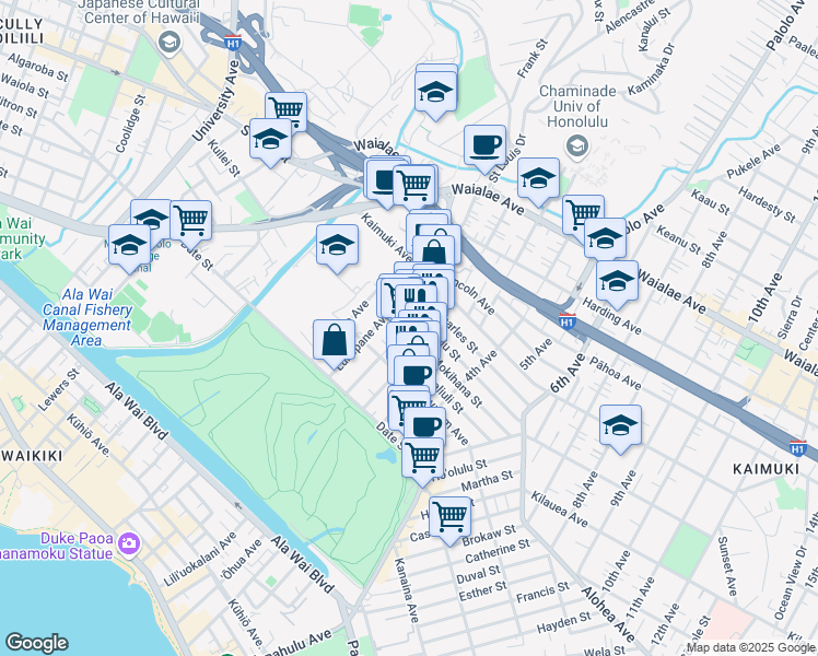 map of restaurants, bars, coffee shops, grocery stores, and more near 821 Ekela Avenue in Honolulu