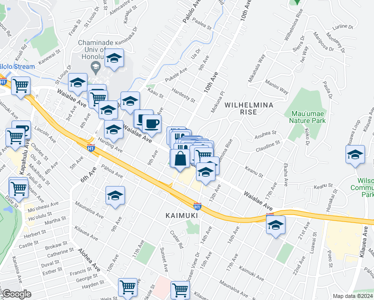 map of restaurants, bars, coffee shops, grocery stores, and more near 3546 Waialae Avenue in Honolulu