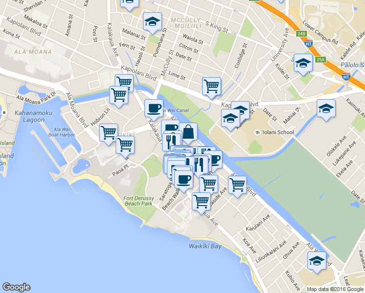 map of restaurants, bars, coffee shops, grocery stores, and more near 417 ʻOlohana Street in Honolulu