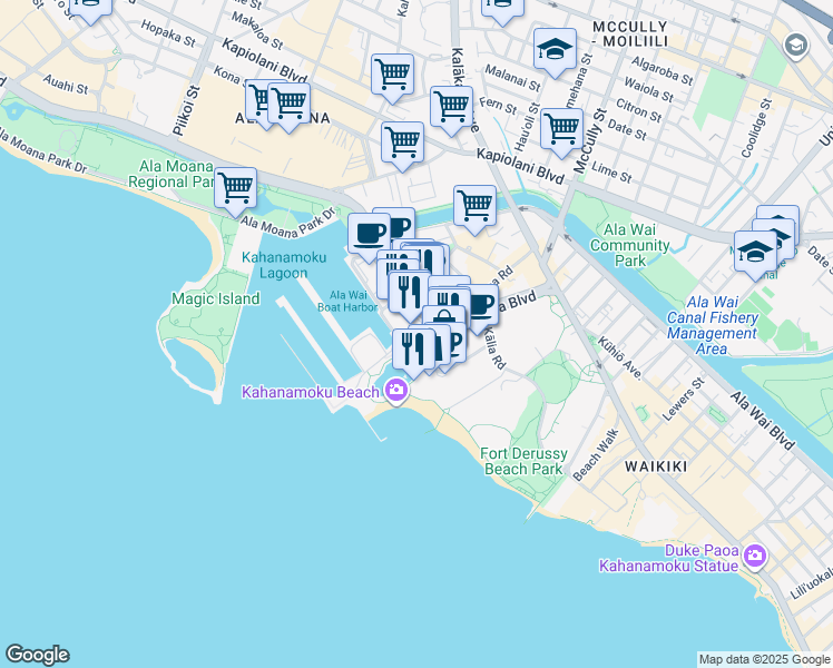 map of restaurants, bars, coffee shops, grocery stores, and more near 18 Kahanamoku Street in Honolulu