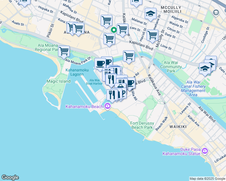 map of restaurants, bars, coffee shops, grocery stores, and more near 18 Kahanamoku Street in Honolulu