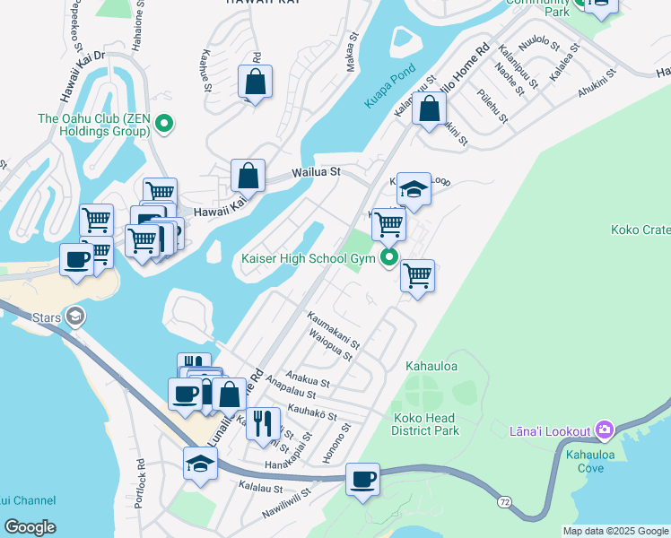 map of restaurants, bars, coffee shops, grocery stores, and more near 470 Kekauluohi Street in Honolulu