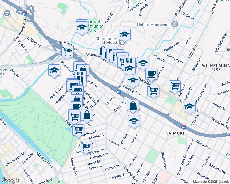 map of restaurants, bars, coffee shops, grocery stores, and more near 3237 Pāhoa Avenue in Honolulu
