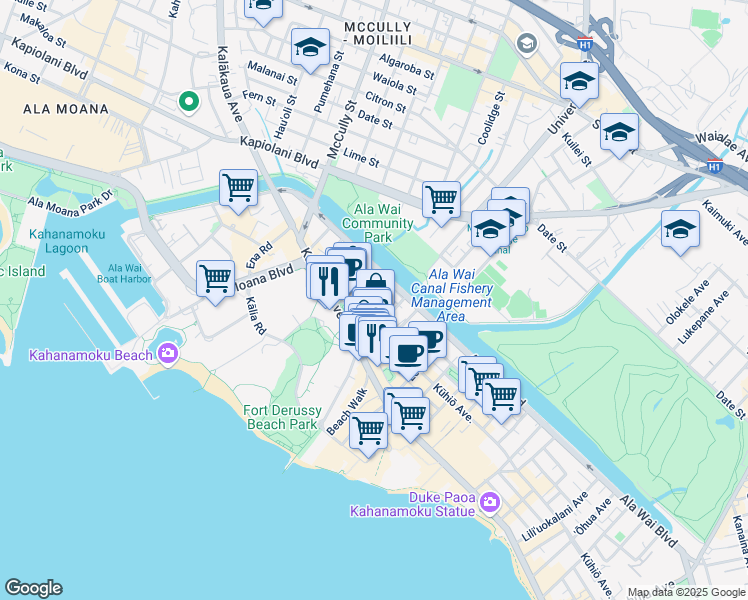 map of restaurants, bars, coffee shops, grocery stores, and more near 417 ʻOlohana Street in Honolulu