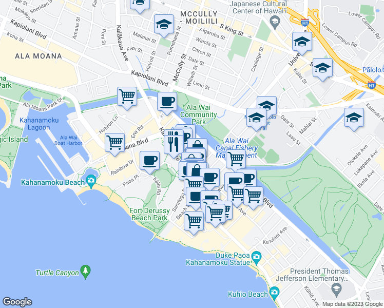 map of restaurants, bars, coffee shops, grocery stores, and more near 417 ʻOlohana Street in Honolulu