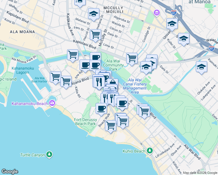 map of restaurants, bars, coffee shops, grocery stores, and more near 2054 Kalakaua Avenue in Honolulu