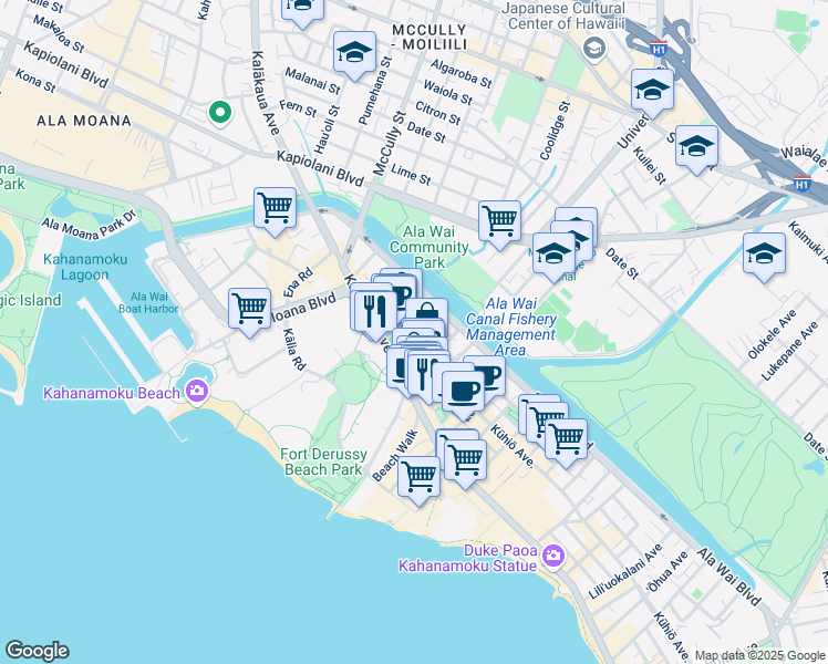 map of restaurants, bars, coffee shops, grocery stores, and more near 417 Namahana Street in Honolulu