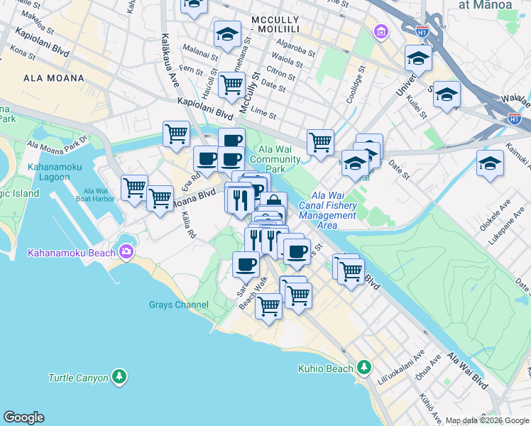 map of restaurants, bars, coffee shops, grocery stores, and more near 2054 Kalakaua Avenue in Honolulu