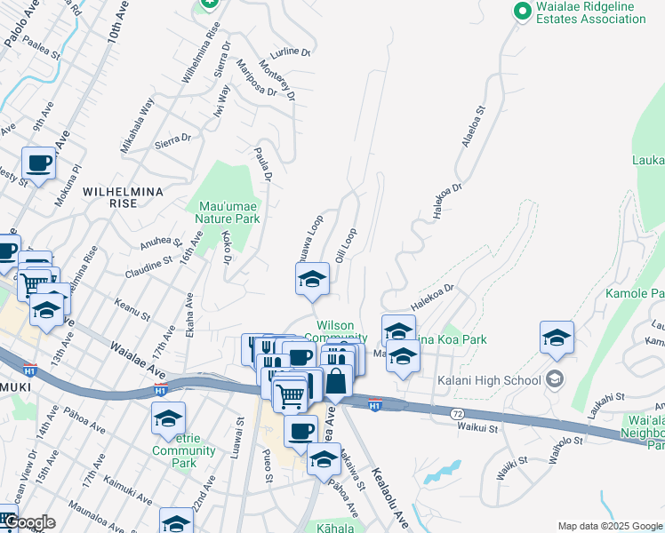 map of restaurants, bars, coffee shops, grocery stores, and more near 1466 Oili Loop in Honolulu