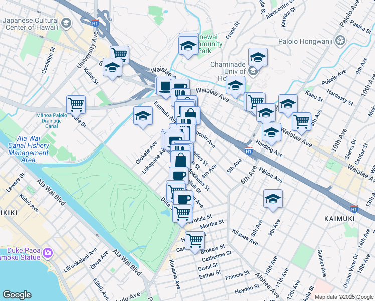 map of restaurants, bars, coffee shops, grocery stores, and more near 932 Kapahulu Avenue in Honolulu