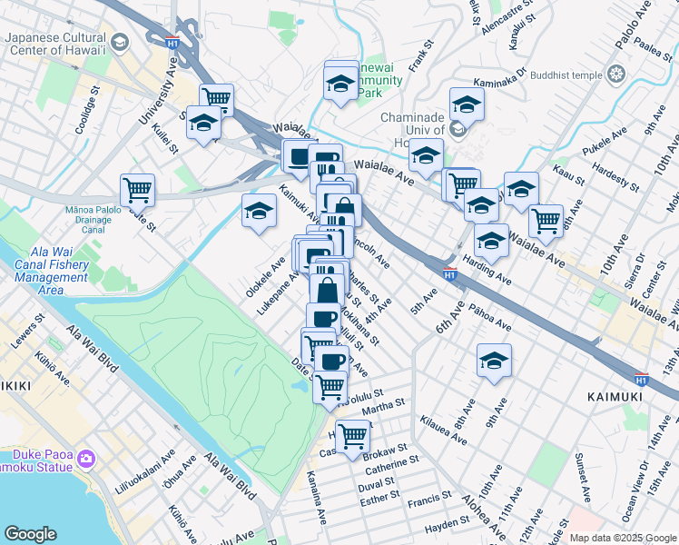 map of restaurants, bars, coffee shops, grocery stores, and more near 932 Kapahulu Avenue in Honolulu