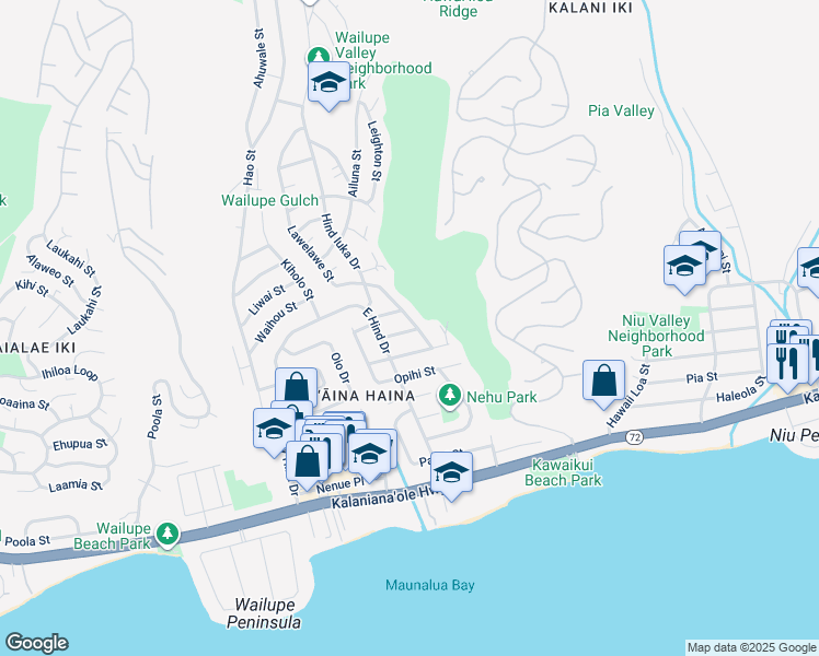 map of restaurants, bars, coffee shops, grocery stores, and more near 451 Lawelawe Street in Honolulu