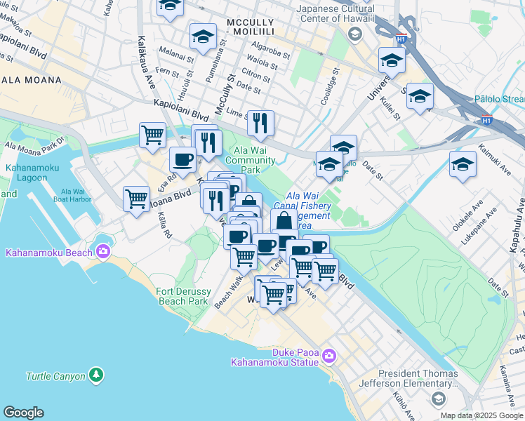 map of restaurants, bars, coffee shops, grocery stores, and more near 2055 Ala Wai Boulevard in Honolulu