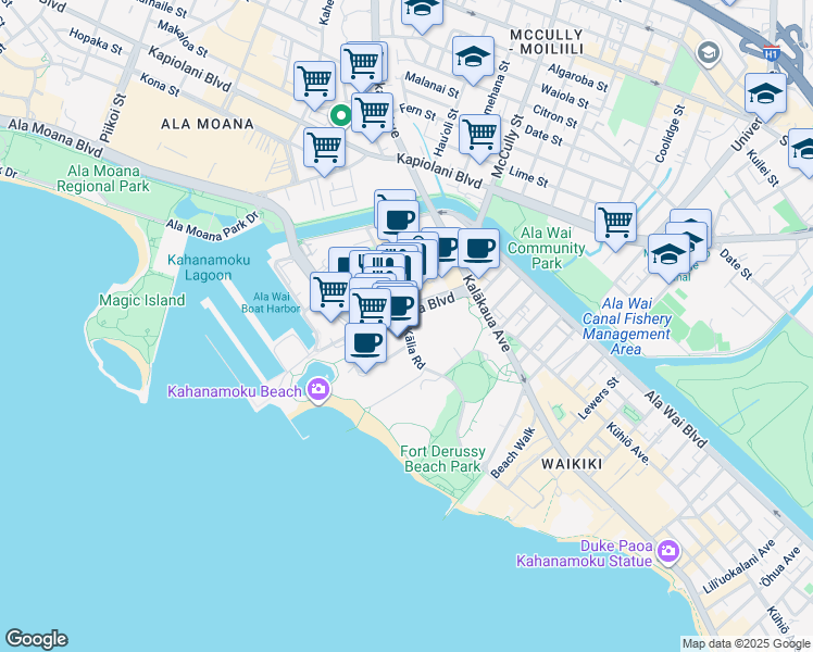 map of restaurants, bars, coffee shops, grocery stores, and more near 1860 Ala Moana Boulevard in Honolulu