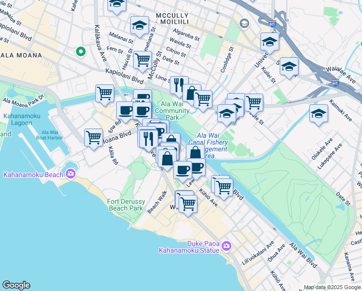 map of restaurants, bars, coffee shops, grocery stores, and more near 2055 Ala Wai Boulevard in Honolulu