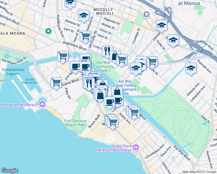 map of restaurants, bars, coffee shops, grocery stores, and more near 2085 Ala Wai Boulevard in Honolulu