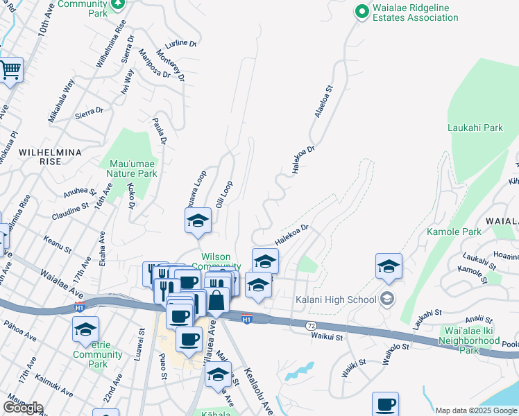 map of restaurants, bars, coffee shops, grocery stores, and more near 1670 Halekoa Drive in Honolulu