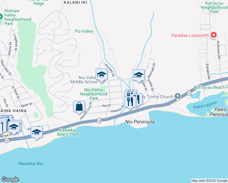 map of restaurants, bars, coffee shops, grocery stores, and more near 5615 Halekamani Street in Honolulu