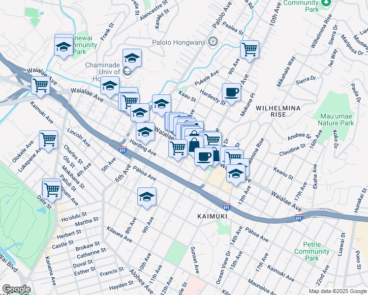map of restaurants, bars, coffee shops, grocery stores, and more near 3412 Waialae Avenue in Honolulu