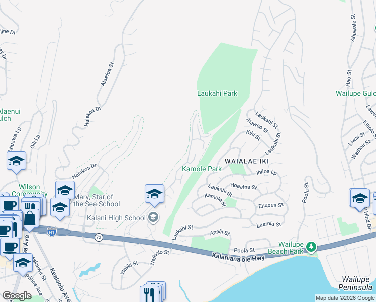 map of restaurants, bars, coffee shops, grocery stores, and more near 1520 Kalaniiki Street in Honolulu