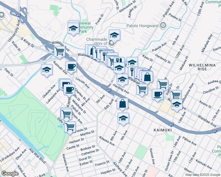 map of restaurants, bars, coffee shops, grocery stores, and more near 3261 Harding Avenue in Honolulu