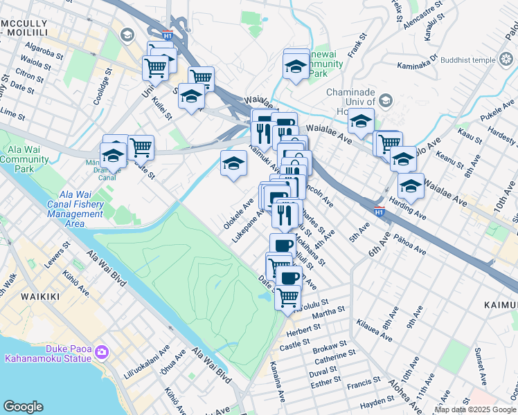 map of restaurants, bars, coffee shops, grocery stores, and more near 2818 Leialoha Avenue in Honolulu