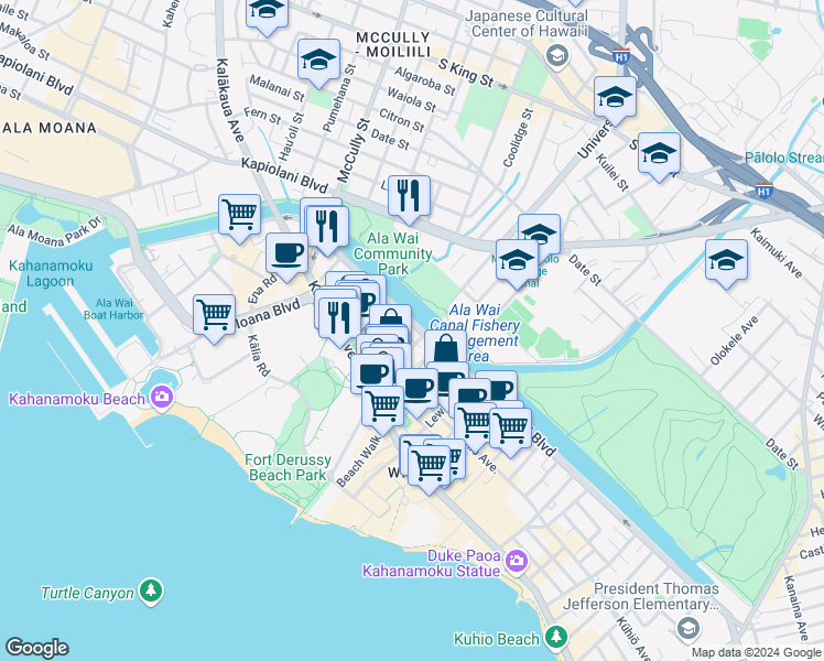 map of restaurants, bars, coffee shops, grocery stores, and more near 2055 Ala Wai Boulevard in Honolulu