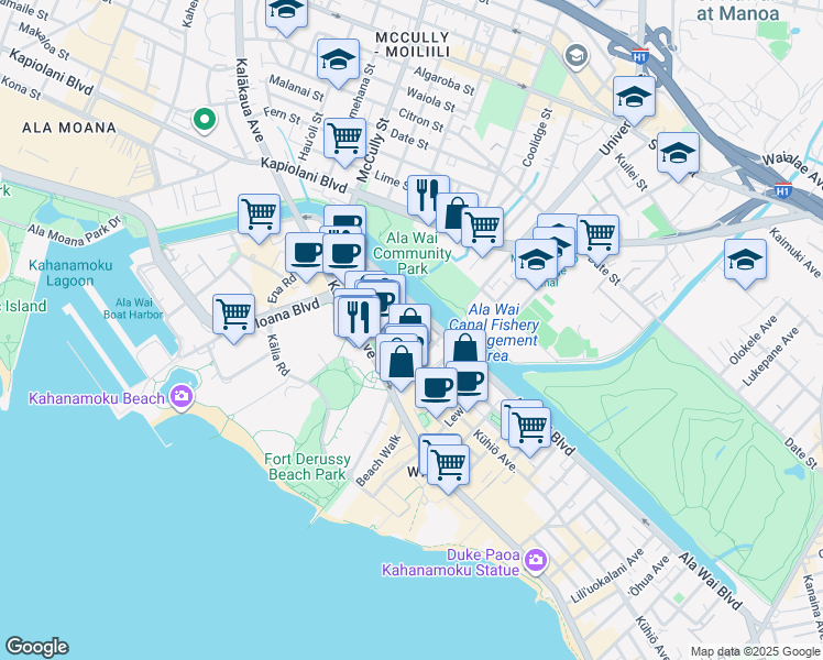 map of restaurants, bars, coffee shops, grocery stores, and more near 2055 Ala Wai Boulevard in Honolulu
