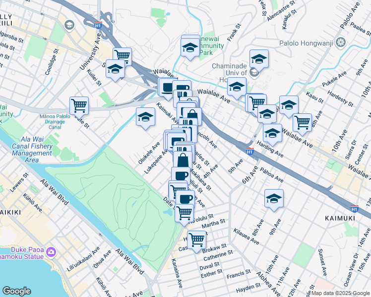 map of restaurants, bars, coffee shops, grocery stores, and more near 910 Kapahulu Avenue in Honolulu