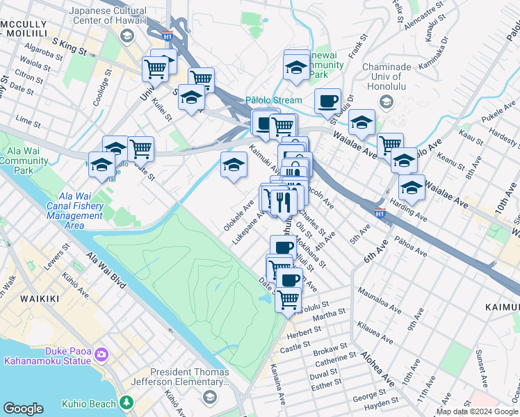 map of restaurants, bars, coffee shops, grocery stores, and more near 838 Lukepane Avenue in Honolulu