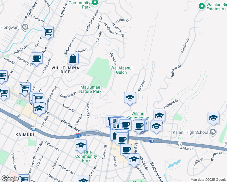 map of restaurants, bars, coffee shops, grocery stores, and more near 1603A Paula Drive in Honolulu