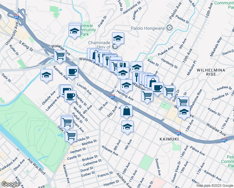 map of restaurants, bars, coffee shops, grocery stores, and more near 3261 Harding Avenue in Honolulu