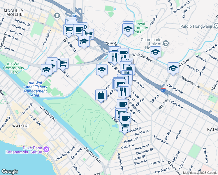 map of restaurants, bars, coffee shops, grocery stores, and more near 826 Olokele Avenue in Honolulu