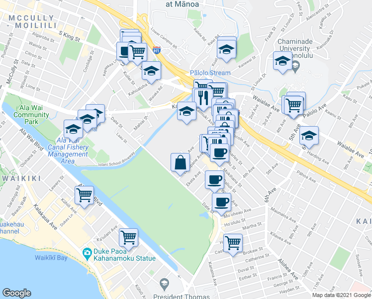 map of restaurants, bars, coffee shops, grocery stores, and more near 826 Olokele Avenue in Honolulu