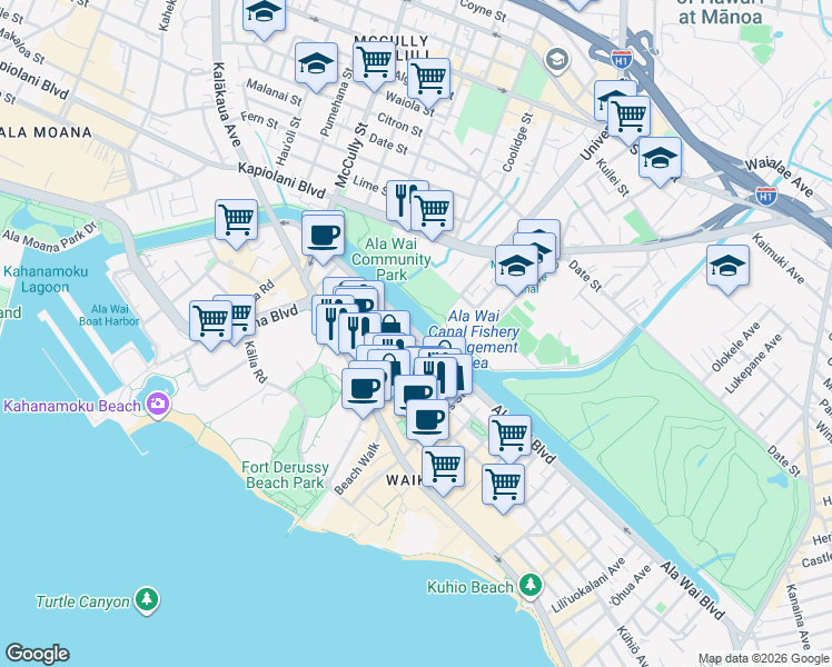 map of restaurants, bars, coffee shops, grocery stores, and more near in Honolulu
