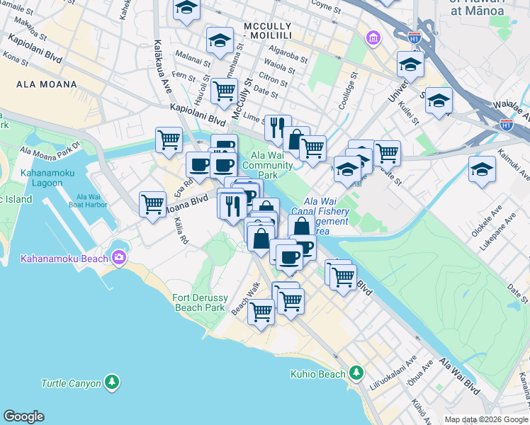 map of restaurants, bars, coffee shops, grocery stores, and more near in Honolulu