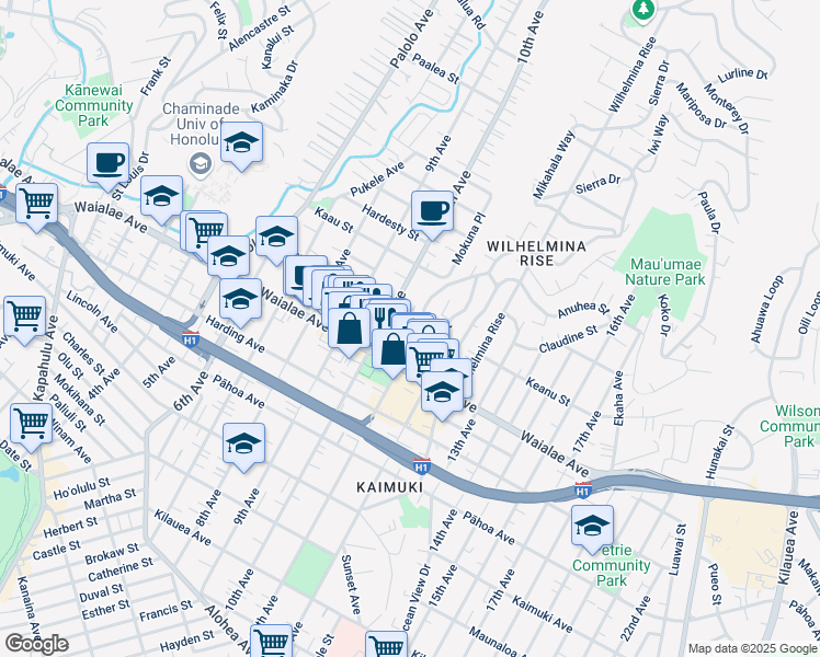 map of restaurants, bars, coffee shops, grocery stores, and more near 3350 Sierra Drive in Honolulu