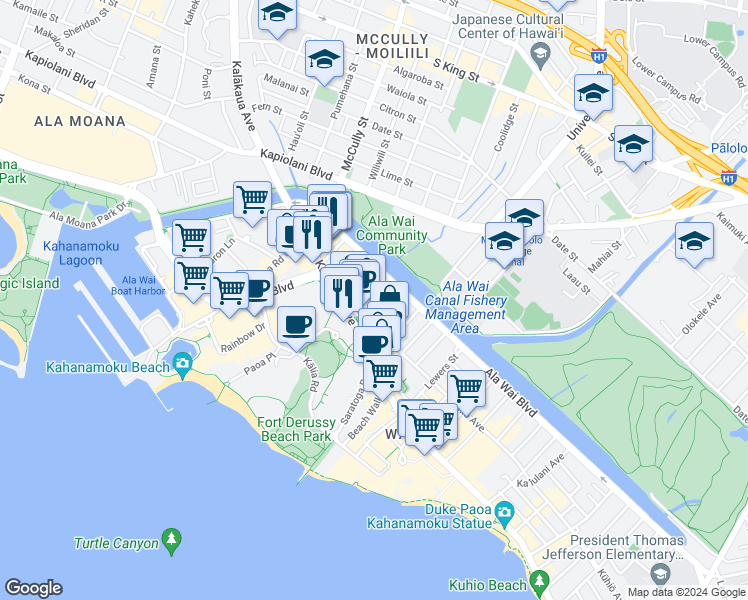 map of restaurants, bars, coffee shops, grocery stores, and more near 424 Kuamo'o Street in Honolulu