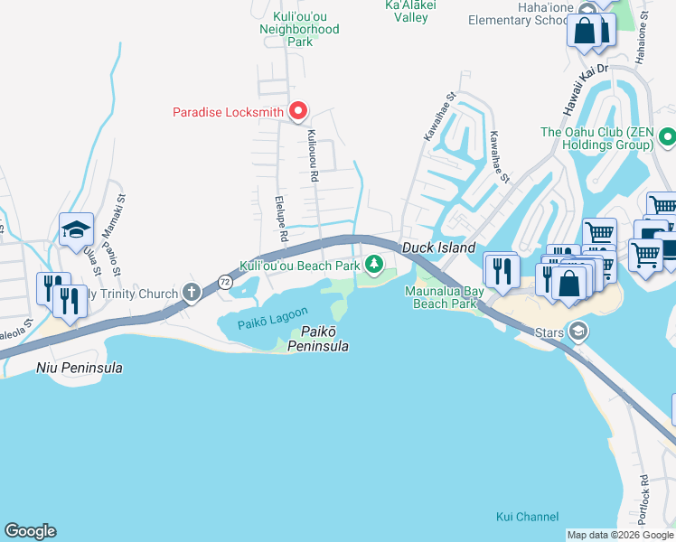 map of restaurants, bars, coffee shops, grocery stores, and more near 6133B Summer Street in Honolulu