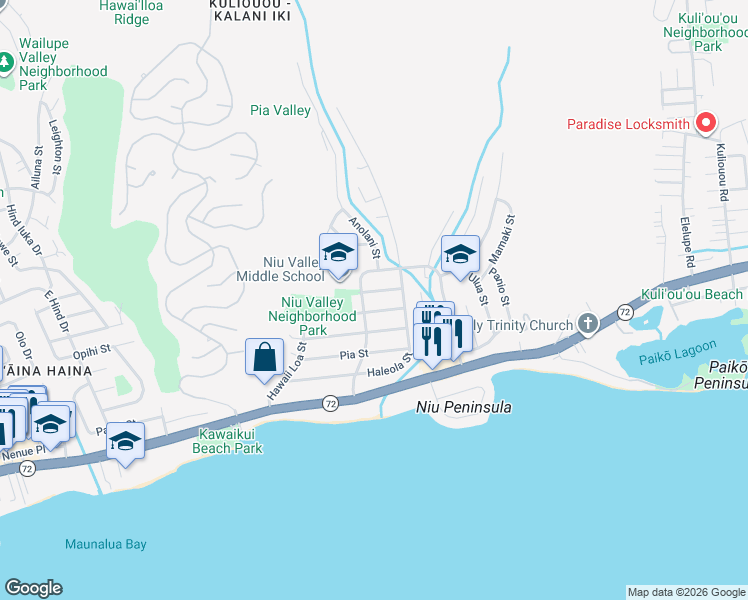map of restaurants, bars, coffee shops, grocery stores, and more near 5615 Halekamani Street in Honolulu